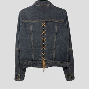 90s Gray Denim Jacket M Lace Up Corset Back Whimsigoth Grunge Steampunk Y2K